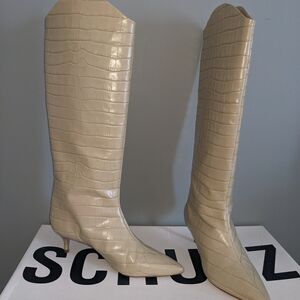 SCHUTZ Beige Croc-Embossed Heeled Boots